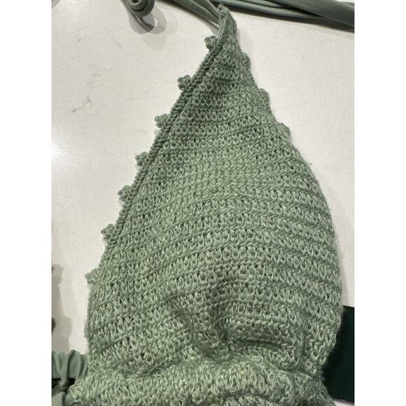 Wild Fable Green Crochet Bikini Top Women’s Size XXS Tie Front Longline Halter - Picture 2 of 6